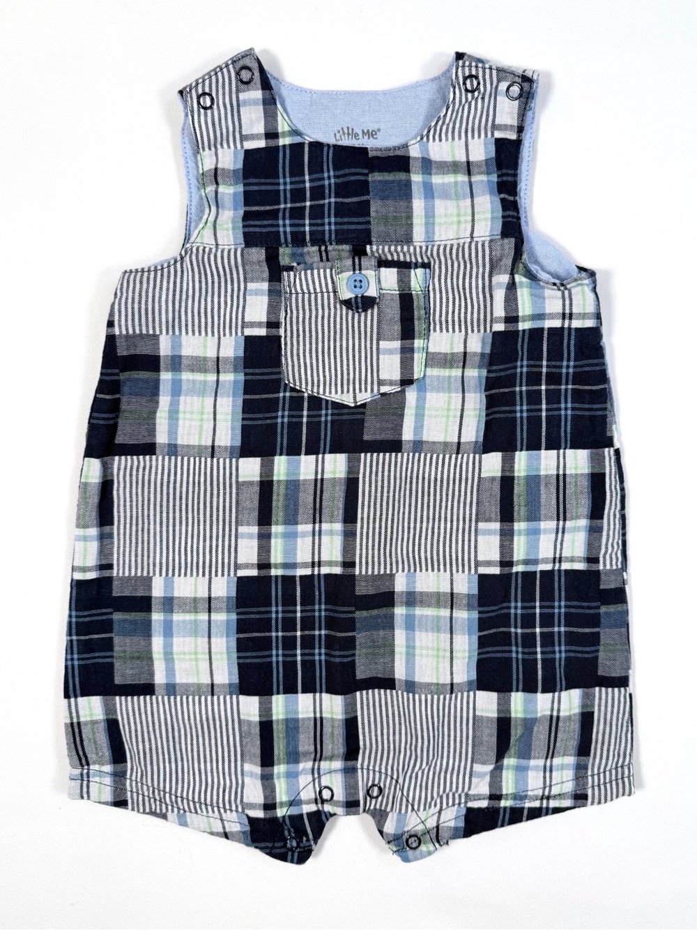 LITTLE ME Baby Boys' Blue Plaid Stripe Patchwork Overall Jon Jon Romper Size 6M